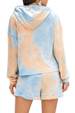 Drop Shoulder Tie Dye Hoodie Rolled Shorts Pajama Set Light Blue