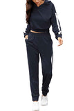 Sports Striped Block Cropped Hoodie Jogger Set Navy Blue
