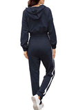 Sports Striped Block Cropped Hoodie Jogger Set Navy Blue