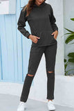 Casual Cut Out Hoodie Pants Tracksuit Dark Grey