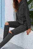 Casual Cut Out Hoodie Pants Tracksuit Dark Grey