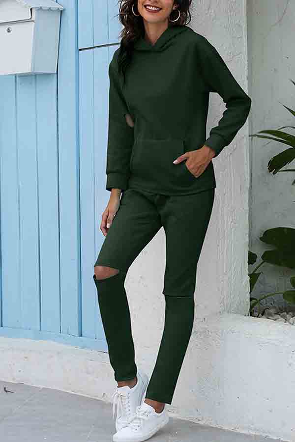 Casual Long Sleeve Hoodie Sweatpants Sportswear Dark Green