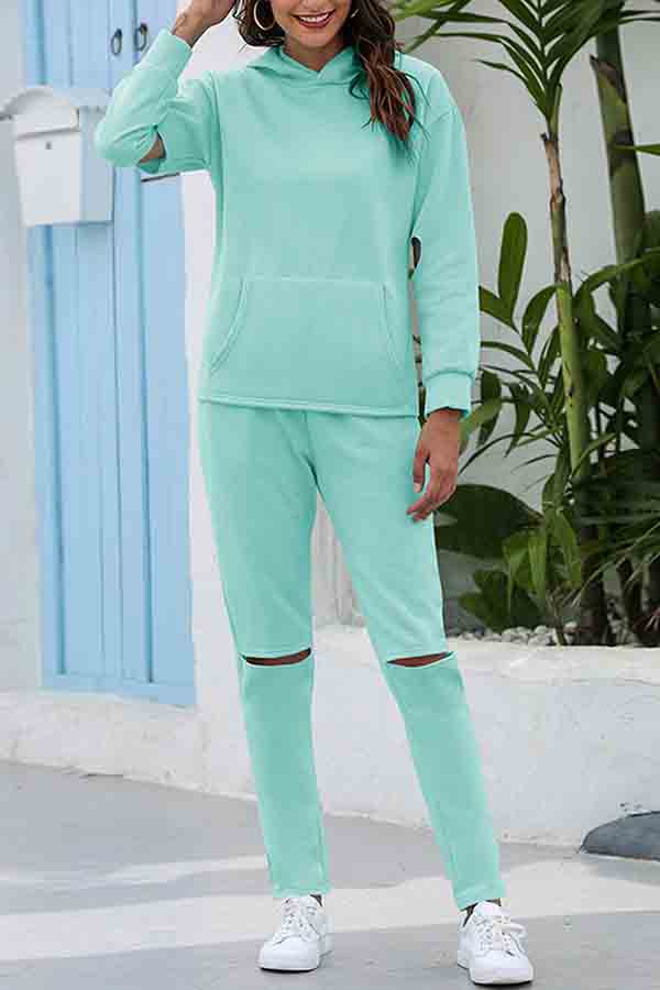 Solid Cut Out Hoodie Tracksuit Green