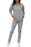 Solid Hollow Out Hoodie Sweatpants Set Gray