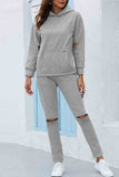 Solid Hollow Out Hoodie Sweatpants Set Gray