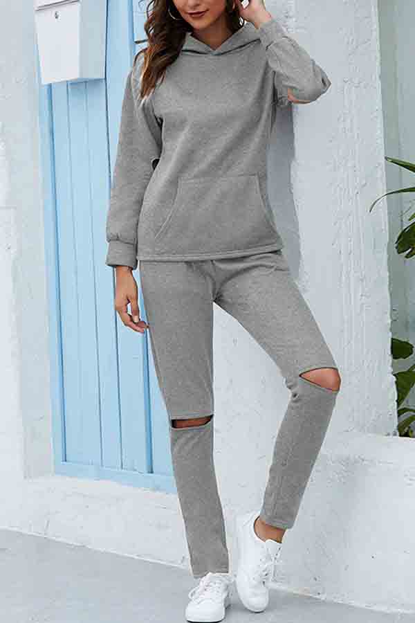 Solid Hollow Out Hoodie Sweatpants Set Gray
