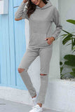 Solid Hollow Out Hoodie Sweatpants Set Gray