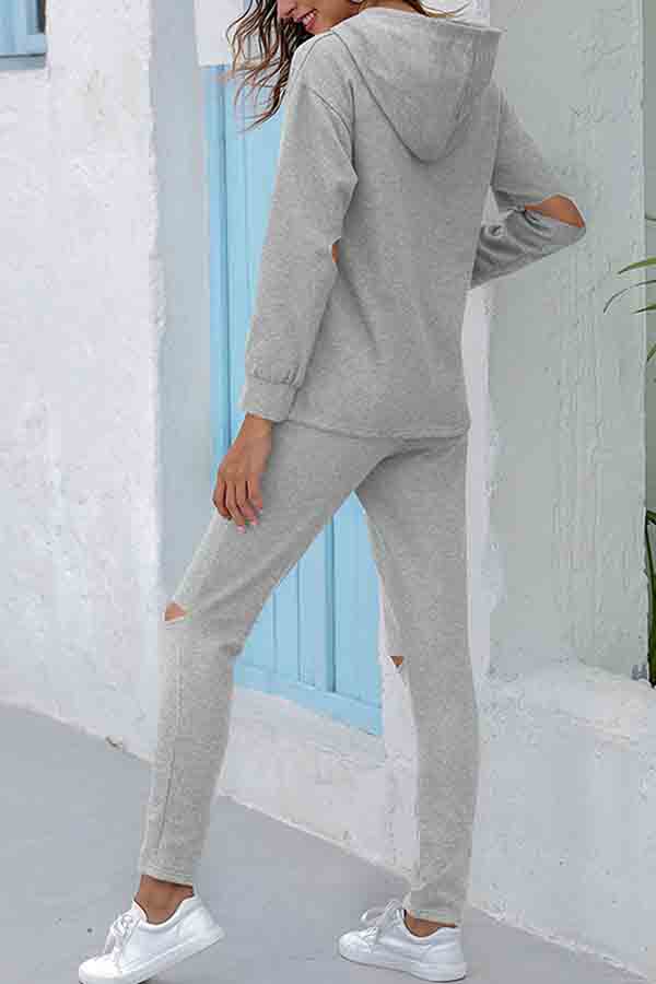 Solid Hollow Out Hoodie Sweatpants Set Gray