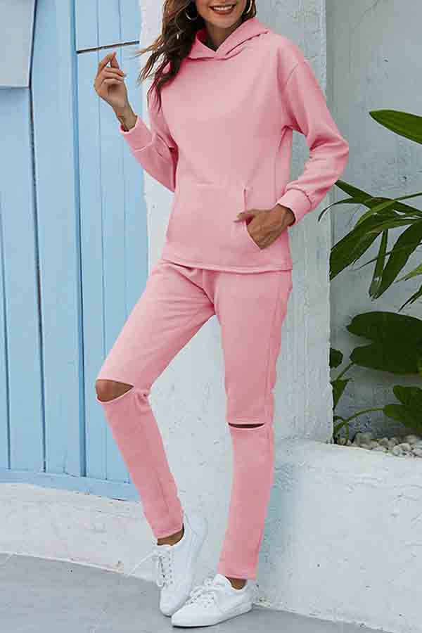 Kangaroo Pocket Hoodie Sweatpants Two Piece Outfits Pink