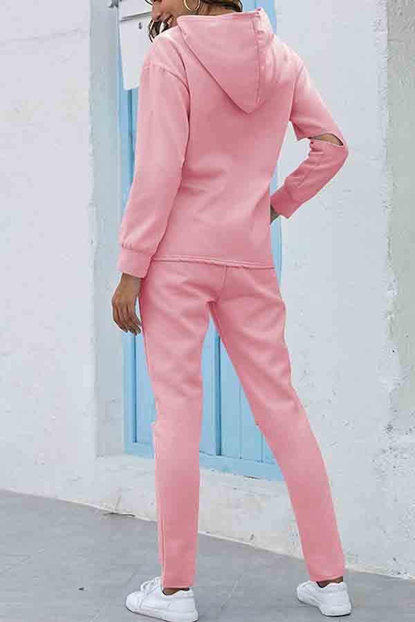 Kangaroo Pocket Hoodie Sweatpants Two Piece Outfits Pink