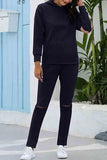 Cut Out Hoodie Sweatpants Solid Sportswear Navy Blue