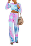 Crew Neck Long Sleeve Top Elastic Waist Pants Tie Dye Suit Blue