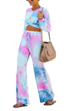 Crew Neck Long Sleeve Top Elastic Waist Pants Tie Dye Suit Blue