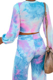 Crew Neck Long Sleeve Top Elastic Waist Pants Tie Dye Suit Blue