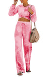 Crew Neck Crop Top High Waisted Pants Tie Dye Suit Rose Red