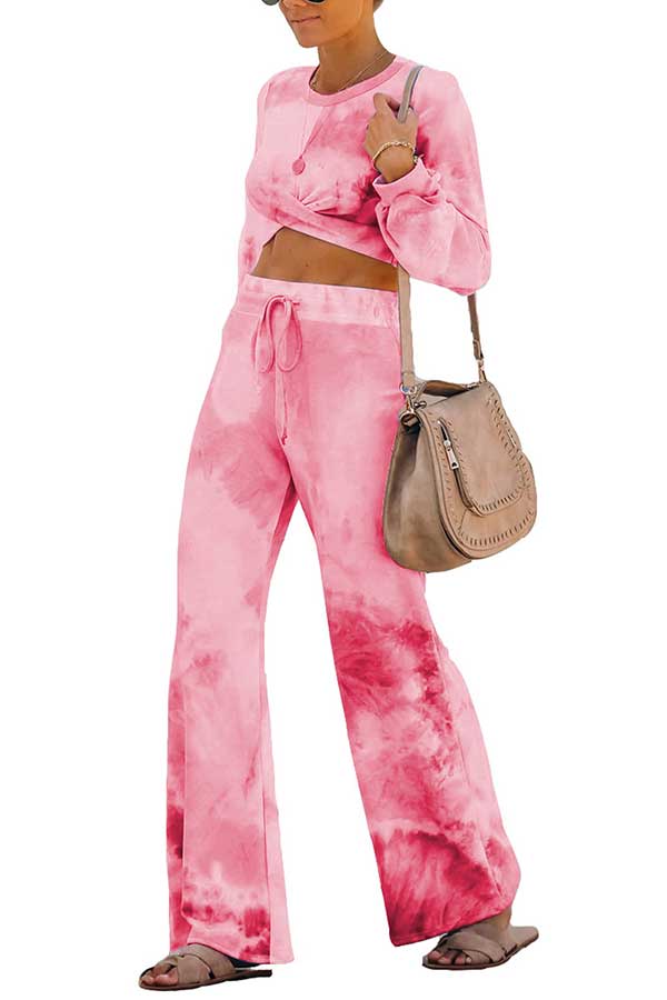 Crew Neck Crop Top High Waisted Pants Tie Dye Suit Rose Red