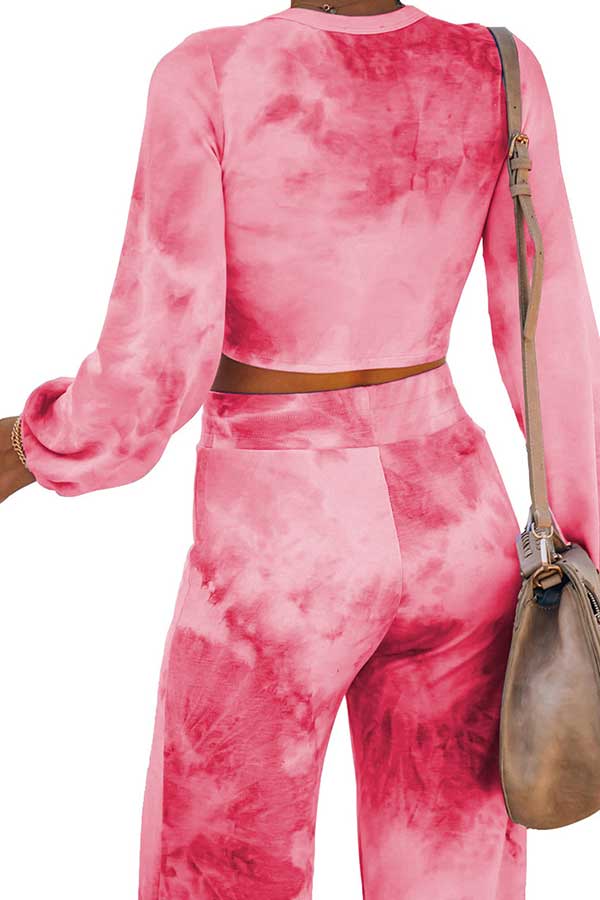 Crew Neck Crop Top High Waisted Pants Tie Dye Suit Rose Red