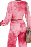 Crew Neck Crop Top High Waisted Pants Tie Dye Suit Rose Red