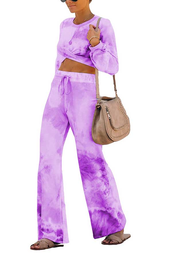 Cross Crop Top Drawstring Waist Pants Tie Dye Leisure Suit Purple