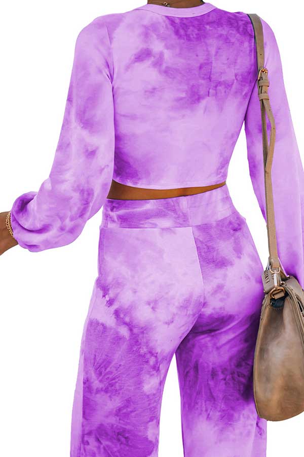 Cross Crop Top Drawstring Waist Pants Tie Dye Leisure Suit Purple