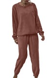 Solid Velvet Crew Neck Sweatshirt Pants Pajamas Brown