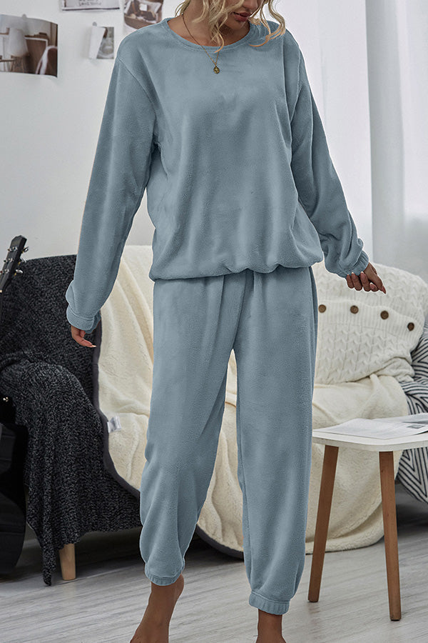 Furry Long Sleeve Top Elastic Waist Pants Two Piece Outfit Grey