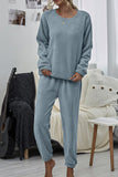 Furry Long Sleeve Top Elastic Waist Pants Two Piece Outfit Grey