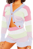 Drop Shoulder Color Block Shorts Two Piece Sweatsuit Pink