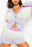 Drop Shoulder Color Block Shorts Two Piece Sweatsuit Pink