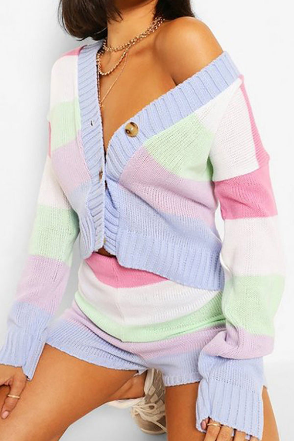 Drop Shoulder Color Block Shorts Two Piece Sweatsuit Pink