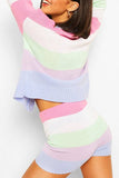 Drop Shoulder Color Block Shorts Two Piece Sweatsuit Pink