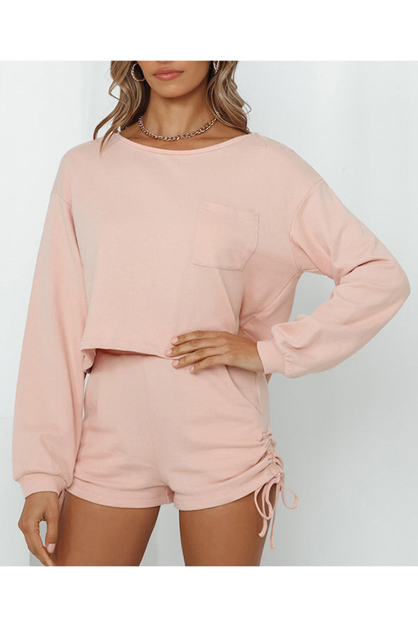 Solid Crop Top And Ruched Shorts Two Piece Lounge Sets
