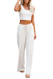 Ribbed Knit Crop Tank Top And Wide Leg Pants Two Piece Outfit