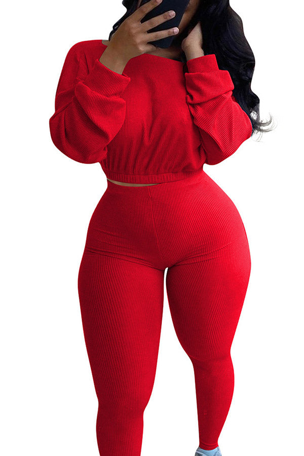 Women Ribbed Sweatshirt Leggings Yoga Suit Berry Red
