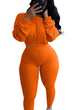 Women Ribbed Sweatshirt Yoga Set With Leggings Orange