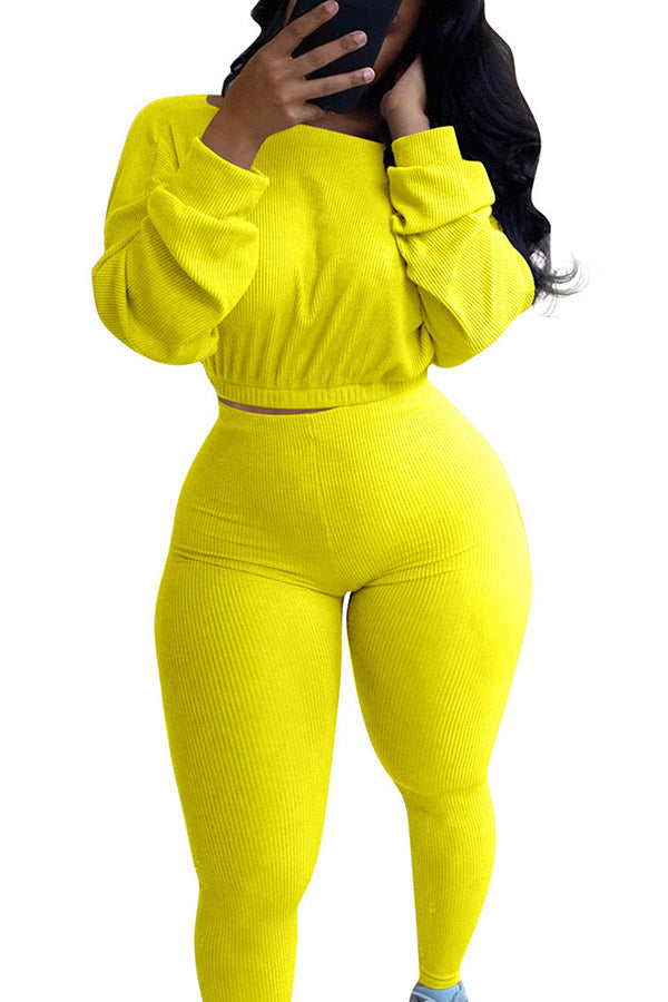 Women Ribbed High Waisted Sports Set Yellow