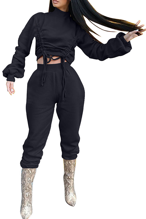 Womens Cinched Crop Top And High Waisted Jogger Tracksuit