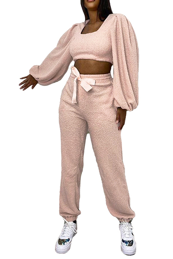 Lantern Sleeve Square Neck Crop Top And Jogger Tracksuit For Women