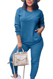 Crew Neck Shirt With Pocket Long Pants Two Piece Outfit Set