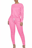 Pullover Top Ruched Long Pants 2 Piece Long Sleeve Outfits Pink