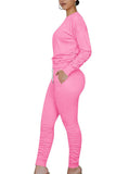 Pullover Top Ruched Long Pants 2 Piece Long Sleeve Outfits Pink