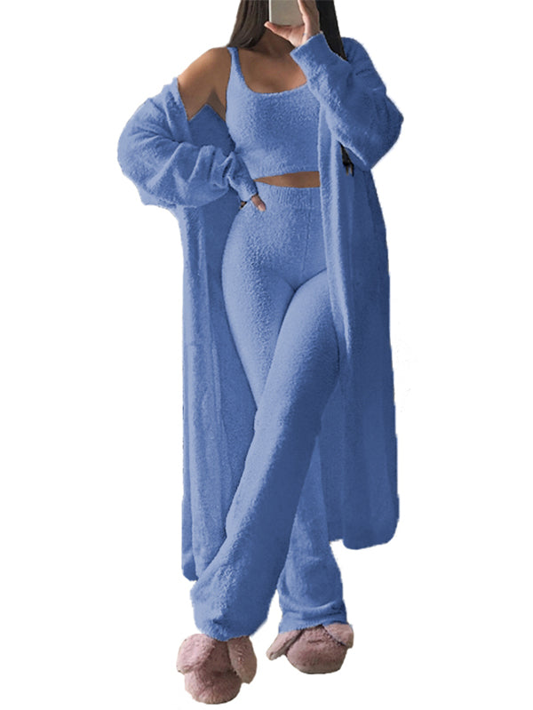  Women's Fluffy 3 Piece Pajamas Set, Sexy Fuzzy Fleece