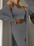 Womens Sexy 3 Piece Outfits Fuzzy Cardigan Crop Top Long Pants Set Loungewear