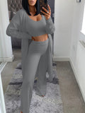 Womens Sexy 3 Piece Outfits Fuzzy Cardigan Crop Top Long Pants Set Loungewear