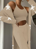 Womens Sexy 3 Piece Outfits Fuzzy Cardigan Crop Top Long Pants Set Loungewear