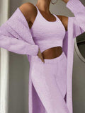 Womens Sexy 3 Piece Outfits Fuzzy Cardigan Crop Top Long Pants Set Loungewear