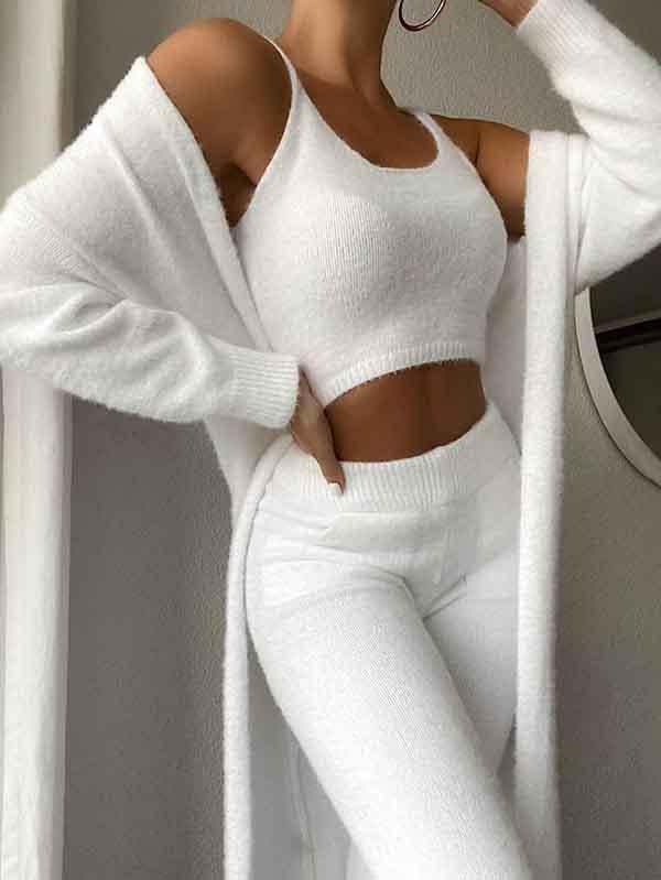 AherBiu Womens Fluffy 3 Piece Winter Fall Sets Cropped Tank Tops Long  Cardigans with Pants Pajamas Sleepwear Outfits 