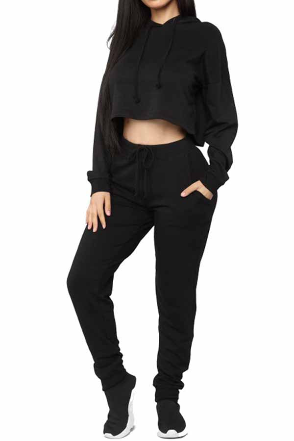 Solid Hooded Crop Top High Waisted Pants Tracksuit Set For Women