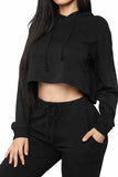 Solid Hooded Crop Top High Waisted Pants Tracksuit Set For Women