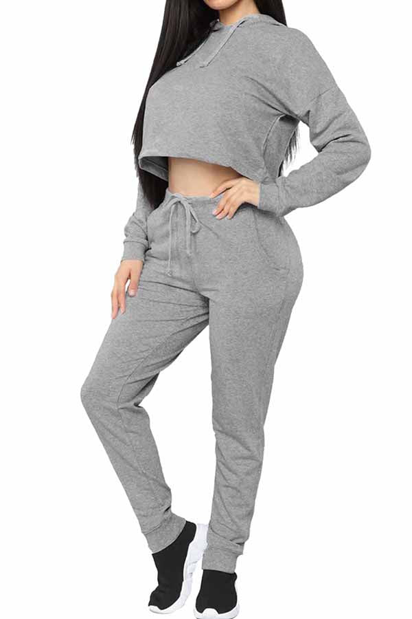 Long Sleeve Hooded Crop Top Jogger Pants Casual Suits Outfits